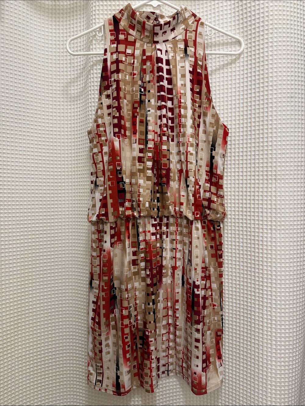 White House Black Market Red, Beige & White Geometric High-Neck Mini Dress